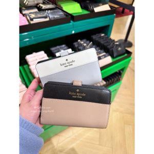 美國代購 🇺🇸 現貨+預購 Katespade 新款 女款 防刮皮革 黑色 杏色撞色 錢包 中夾 皮夾 立體logo
